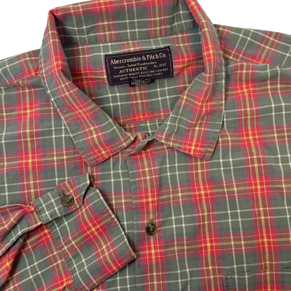 Abercrombie & Fitch Button Down Shirt Mens L Green Red Plaid Cotton Heritage